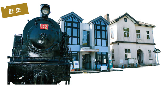 直方市石炭記念館外観と蒸気機関車の写真