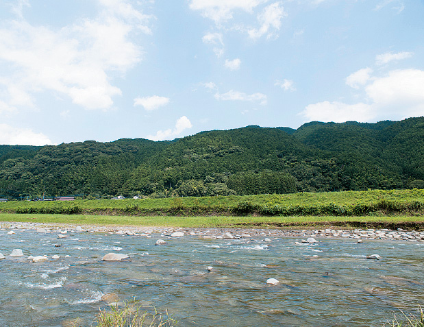 山々と彦山川（ひこさんがわ）の写真