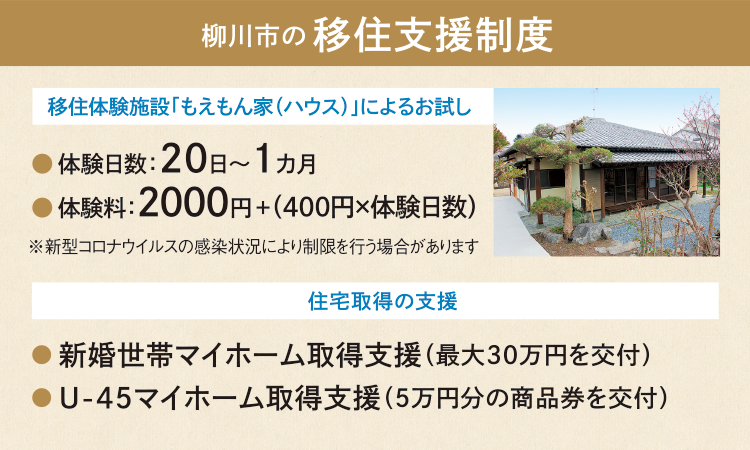 柳川市の移住支援制度／【移住体験施設「もえもん家（ハウス）」によるお試し】● 体験日数：20日～1カ月 ● 体験料：2000円 ＋（400円×体験日数）※新型コロナウイルスの感染状況により制限を行う場合があります／【住宅取得の支援】● 新婚世帯マイホーム取得支援（最大30万円を交付）● U-45マイホーム取得支援（5万円分の商品券を交付）