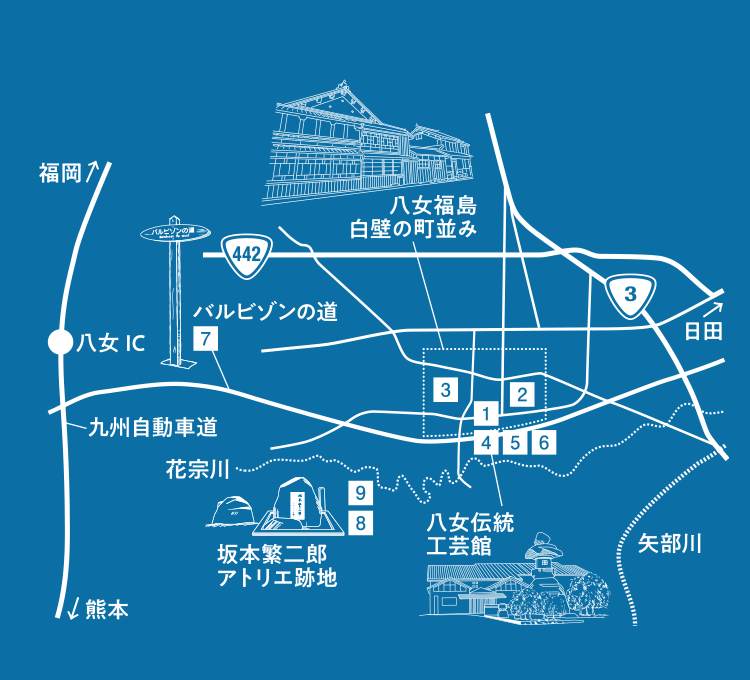 八女市本町マップのイラスト 八女市本町マップのイラスト