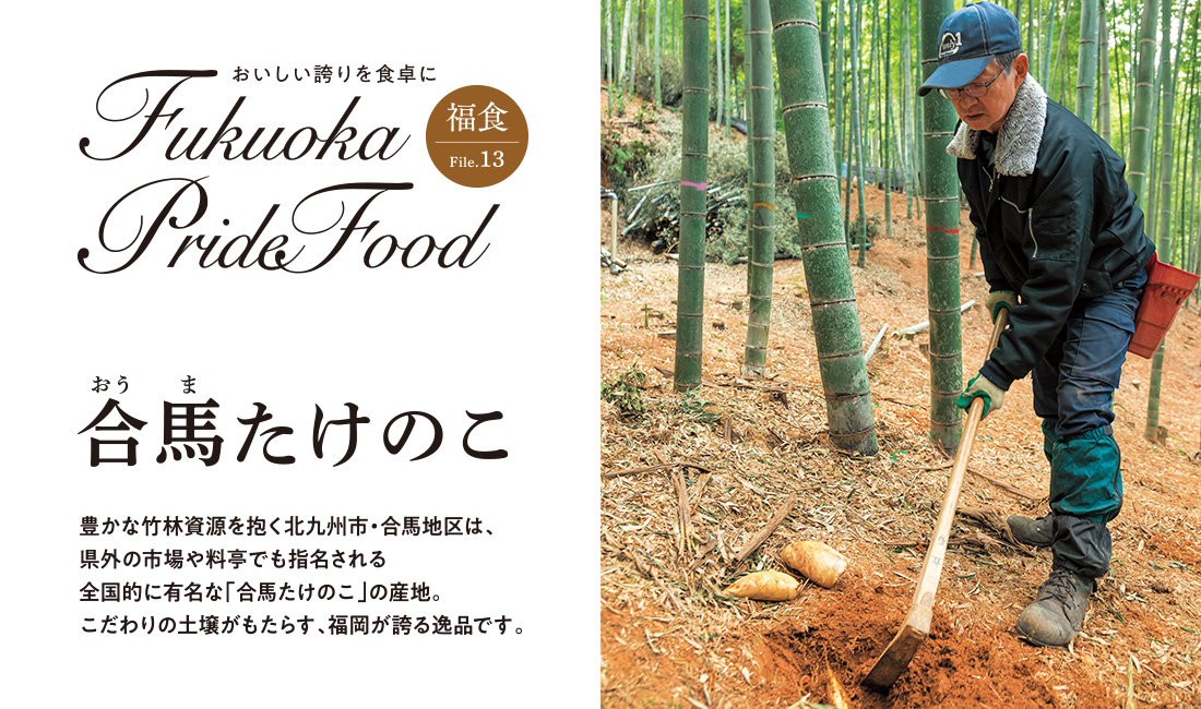 Fukuoka Pride Food/豊かな竹林資源を抱く北九州市・合馬地区は、県外の市場や料亭でも指名される全国的に有名な「合馬たけのこ」の産地。こだわりの土壌がもたらす、福岡が誇る逸品ですという文章があり、合馬たけのこを掘っている写真 Fukuoka Pride Food/豊かな竹林資源を抱く北九州市・合馬地区は、県外の市場や料亭でも指名される全国的に有名な「合馬たけのこ」の産地。こだわりの土壌がもたらす、福岡が誇る逸品ですという文章があり、合馬たけのこを掘っている写真