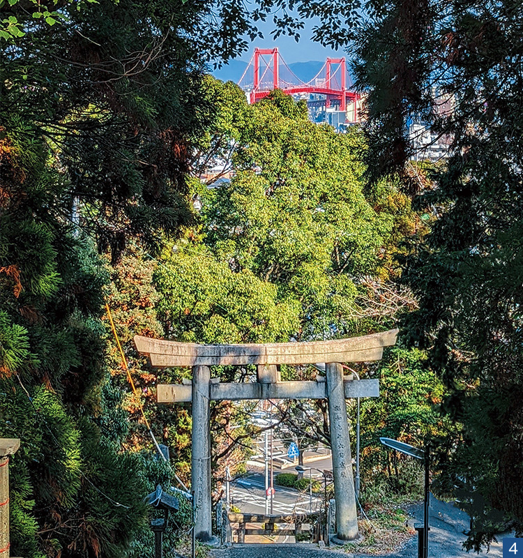 若戸大橋と白山神社の鳥居の写真