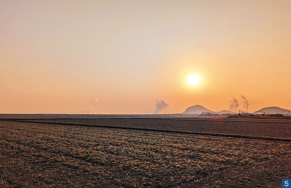 田畑に広がる朝焼けの写真