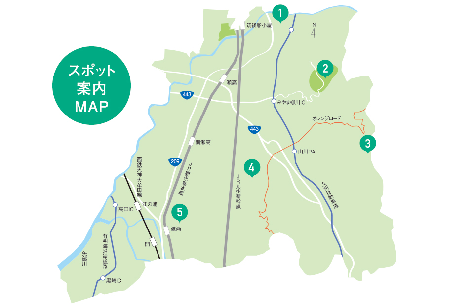 みやま市のスポット案内マップのイラスト