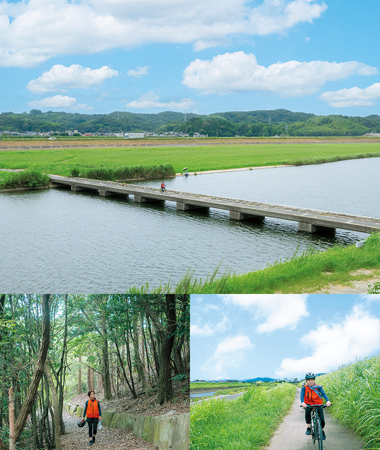 川沿いなどをサイクリングしている写真