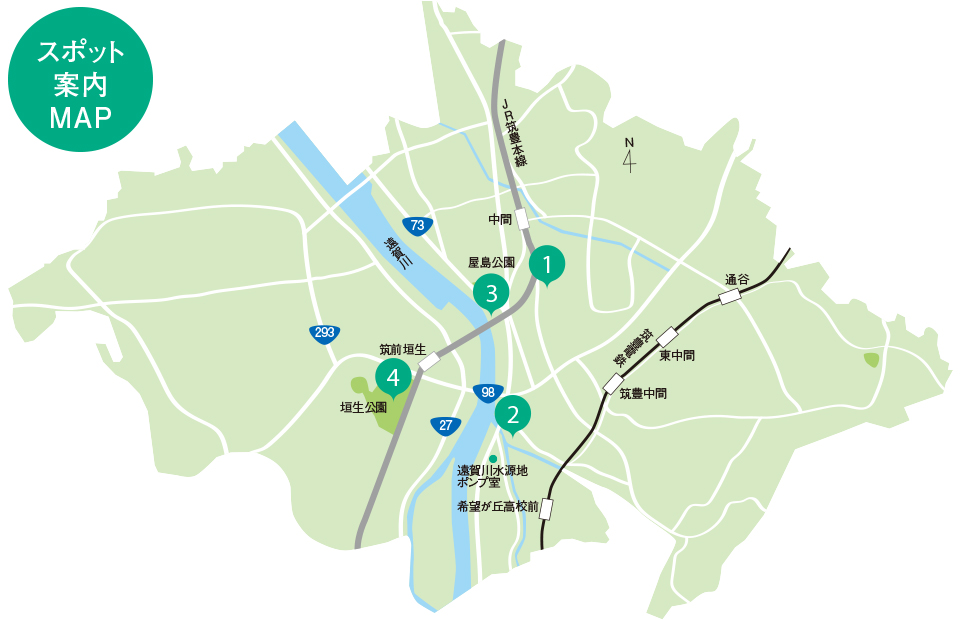 中間市のスポット案内マップのイラスト 中間市のスポット案内マップのイラスト