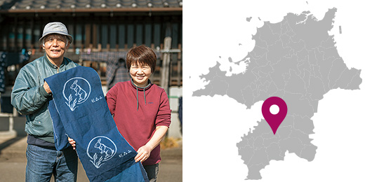 森山夫妻の写真と、藍森山・森山絣工房の位置にマークがついた福岡の地図のイラスト
