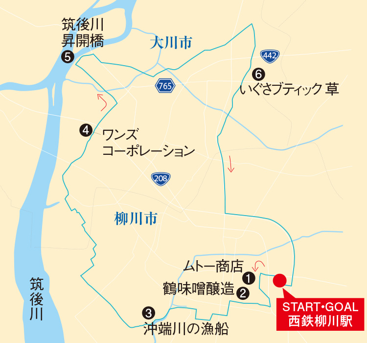 柳川～大川周遊編サイクリングルートの地図のイラスト