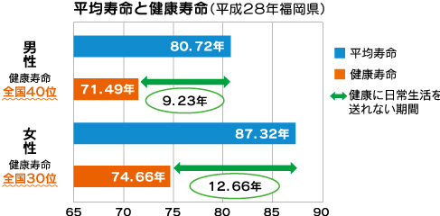 平均寿命と健康寿命(平成28年福岡県) グラフ 画像