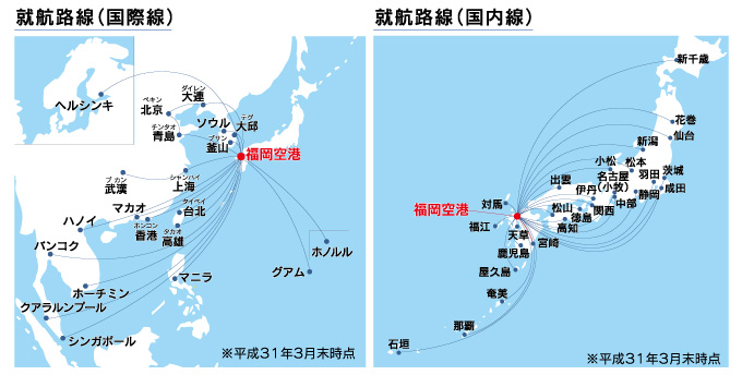 就航路線（国際線） 画像　就航路線（国内線） 画像　福岡空港旅客数 グラフ 画像