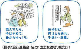 混んでたら、今はやめて、後からゆっくり。旅ゆけば、何はともあれ、手洗い消毒。（提供：旅行連絡会 協力：国土交通省、観光庁）