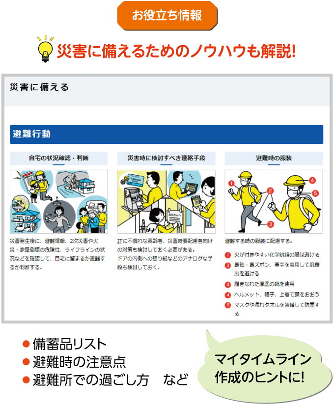 お役立ち情報 災害に備えるためのノウハウも解説！ ●備蓄品リスト　●避難時の注意点　●避難所での過ごし方 などマイタイムライン作成のヒントに！