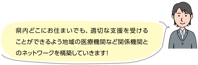 県内どこにお住まいでも、適切な支援を受けることができるよう地域の医療機関など関係機関とのネットワークを構築していきます！