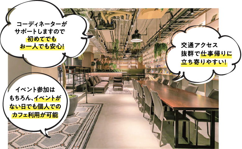 コーディネーターがサポートしますので初めてでもお一人でも安心! 交通アクセス抜群で仕事帰りに立ち寄りやすい! イベント参加はもちろん、イベントがない日でも個人でのカフェ利用が可能
