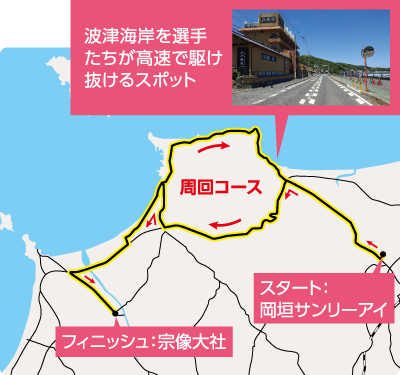 波津海岸を選手たちが高速で駆け抜けるスポット スタート:岡垣サンリーアイ フィニッシュ:宗像大社