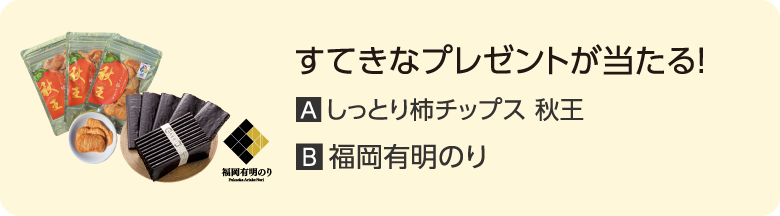 すてきなプレゼントが当たる！ A.しっとり柿チップス 秋王 B.福岡有明のり