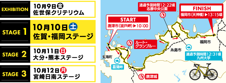 EXHIBITION 10月9日（金） 佐世保クリテリウム・STAGE1 10月10日（土） 佐賀・福岡ステージ・STAGE2 10月11日（日） 大分・熊本ステージ・STAGE3 10月12日（月） 宮崎日南ステージ