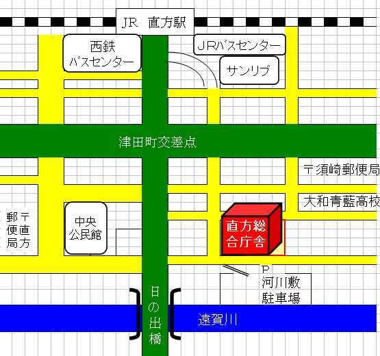 ＪＲ直方駅から直方総合庁舎までの地図