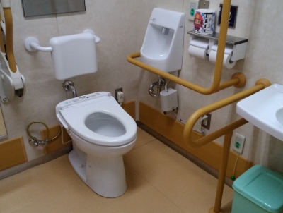 手すりの設置、オストメイト対応がされた多目的トイレの写真です。