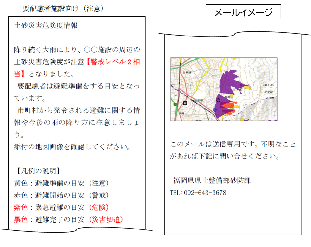 要配慮者利用施設向け土砂災害危険度情報のメール送信イメージ画像です。