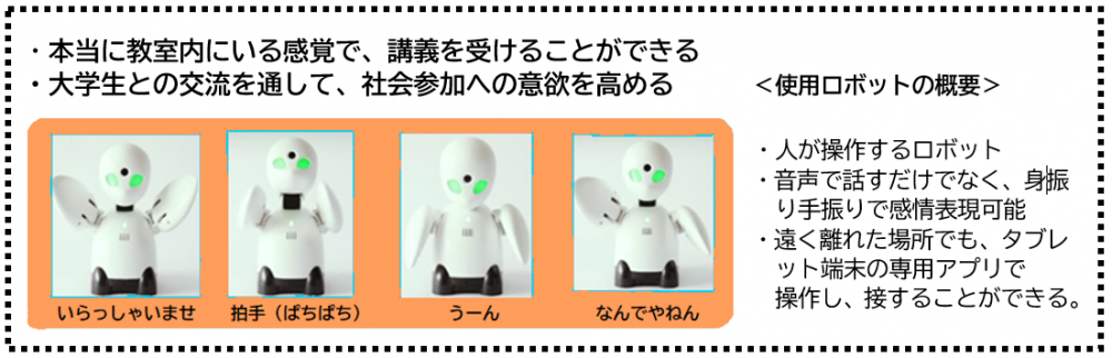 ・本当に教室内にいる感覚で、講義を受けることができる　　 ・大学生との交流を通して、社会参加への意欲を高める　　　＜使用ロボットの概要＞  ・人が操作するロボット 　・音声で話すだけでなく、身