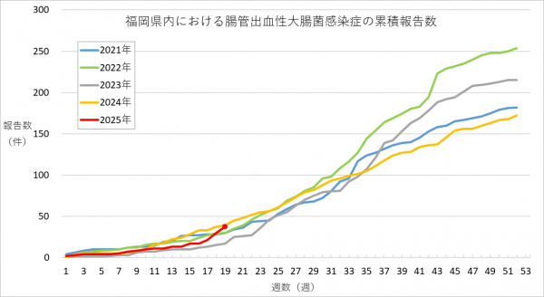 福岡県内における腸管出血性大腸菌感染症の報告数のグラフです。
