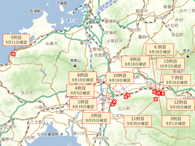 豚熱陽性の野生いのしし発見場所の地図