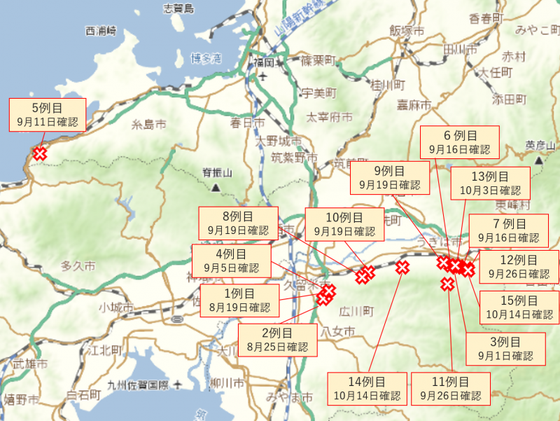 豚熱陽性の野生いのしし発見場所の地図