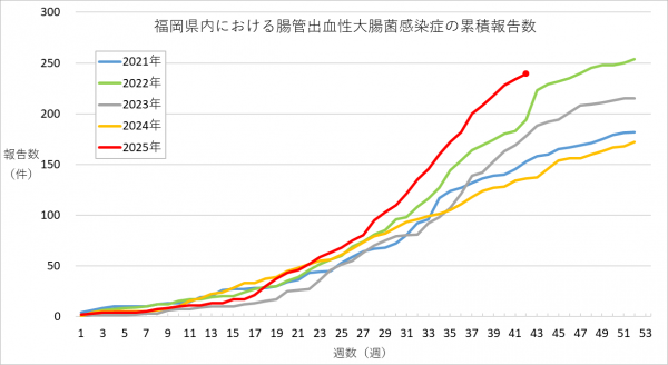 福岡県内における腸管出血性大腸菌感染症の報告数のグラフです。