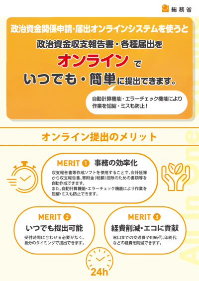 政治資金関係申請･届出オンラインシステムのメリット。１、事務の効率化。２、いつでも提出可能。３、経費削減・エコに貢献。