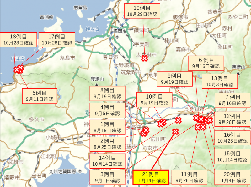 福岡県豚熱陽性いのしし確認地点