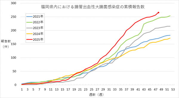 福岡県内における腸管出血性大腸菌感染症の報告数のグラフです。