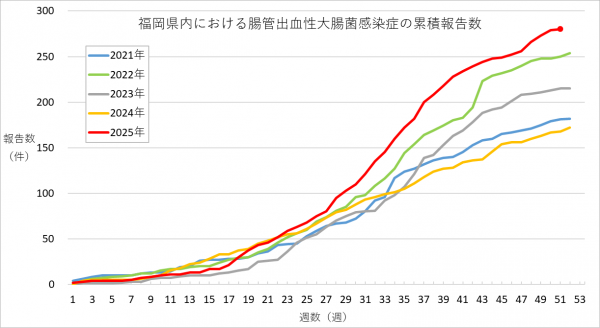 福岡県内における腸管出血性大腸菌感染症の報告数のグラフです。
