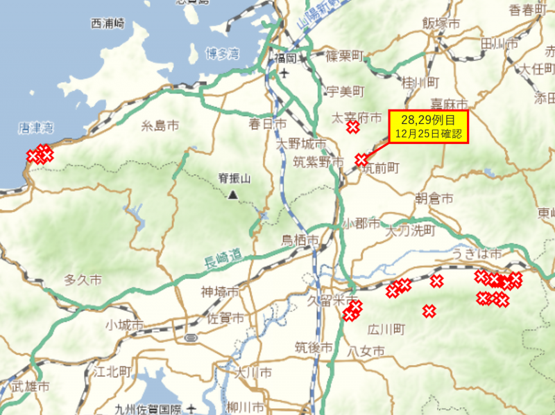 福岡県豚熱陽性野生イノシシ確認地点（全体）