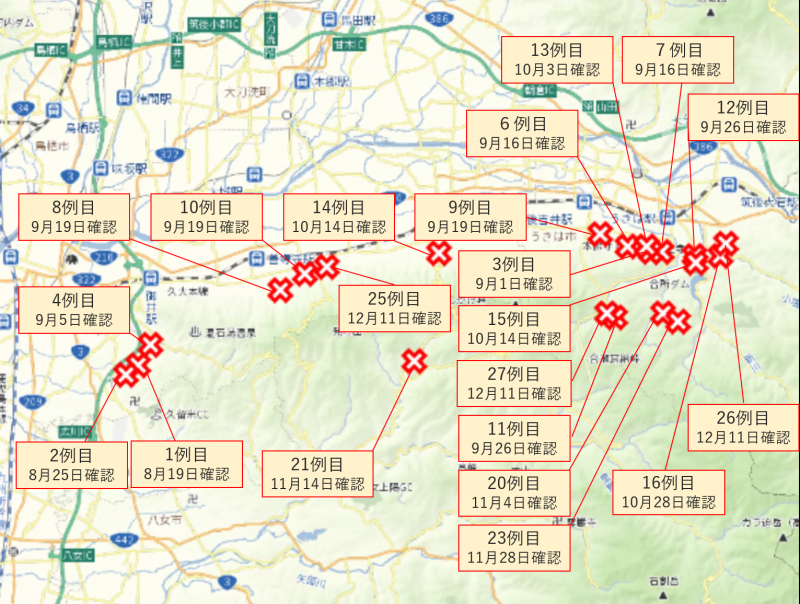 福岡県豚熱陽性野生イノシシ確認地点（久留米～うきは）