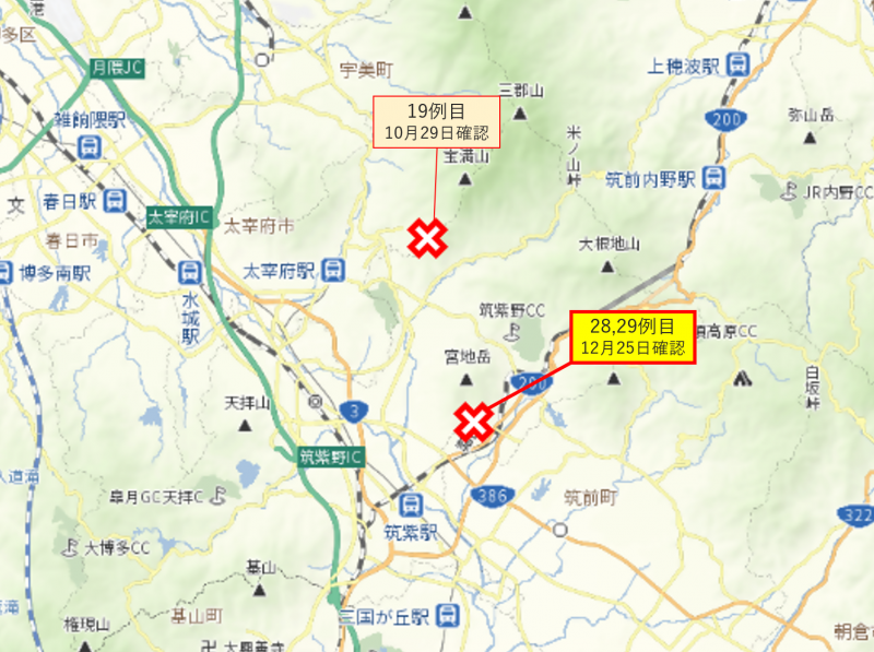 福岡県豚熱陽性野生イノシシ確認地点（太宰府～筑紫野）