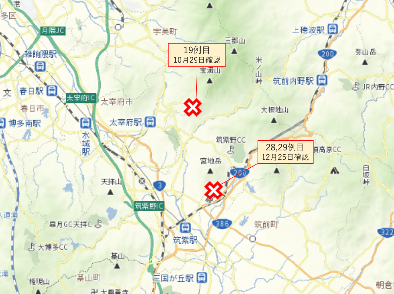 福岡県豚熱陽性野生イノシシ確認地点（太宰府～筑紫野）
