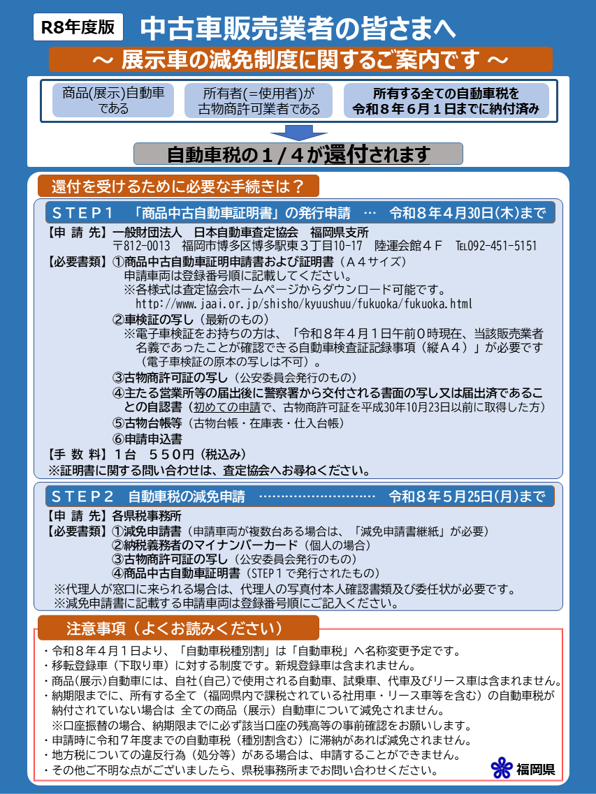 令和８年度　中古車販売業者の皆様に対する広報チラシです。