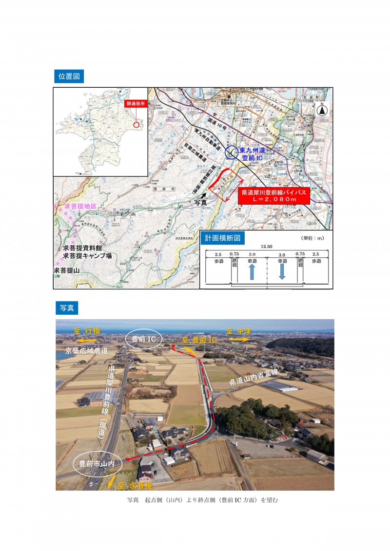 県道犀川豊前線バイパスの開通に伴う位置図及び写真