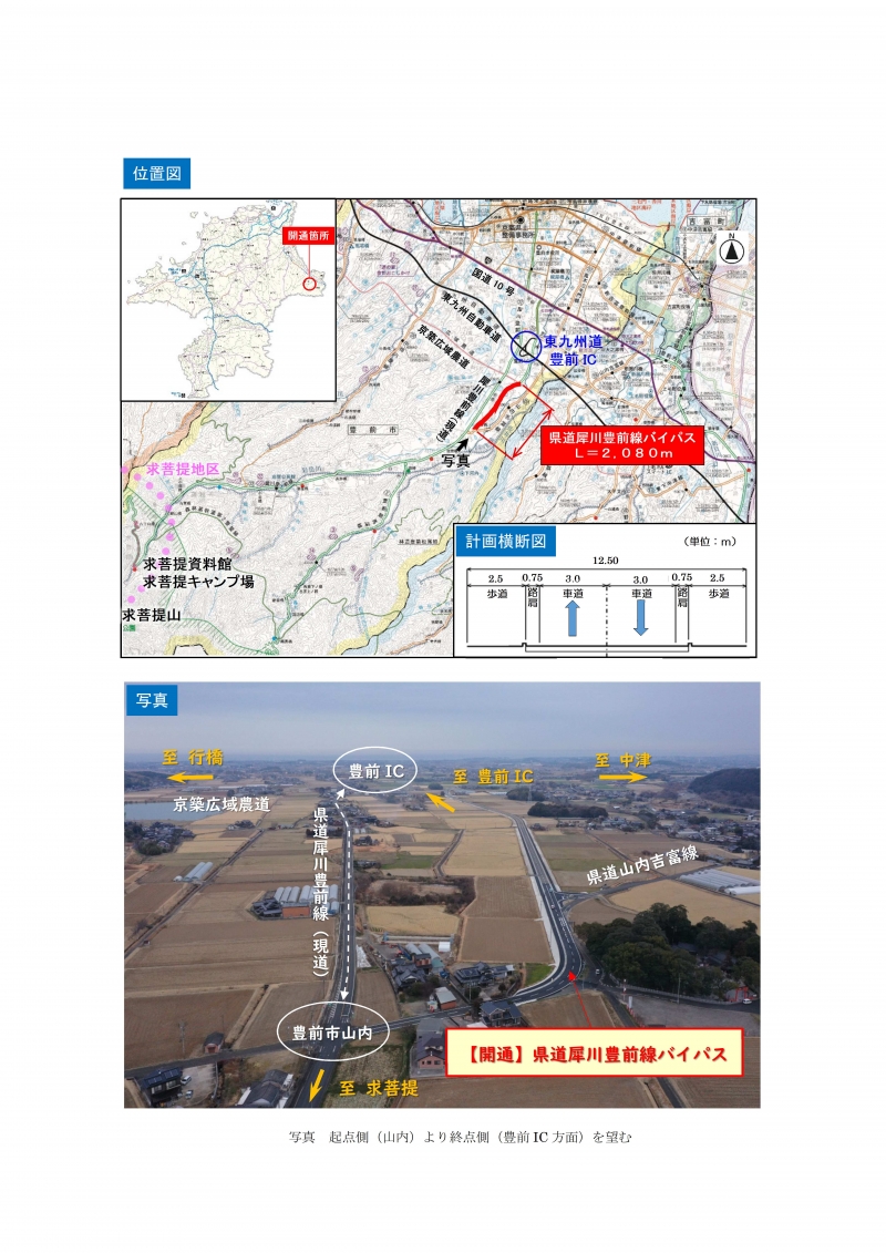 県道犀川豊前線バイパスの開通に伴う位置図及び写真