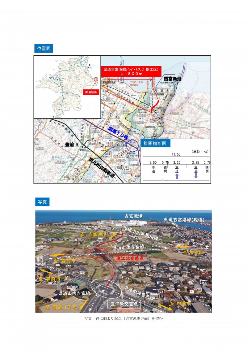 県道吉富港線バイパス(1期工区)の開通に伴う位置図及び写真