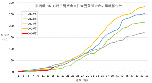 福岡県内における腸管出血性大腸菌感染症の報告数のグラフです。