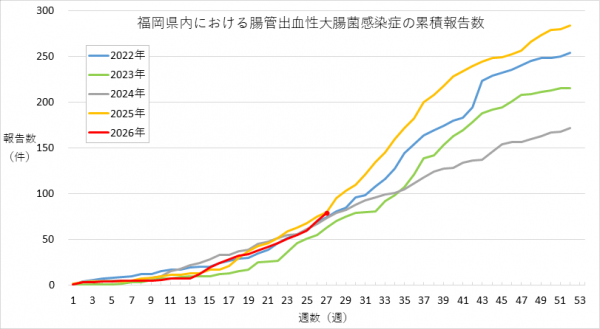 福岡県内における腸管出血性大腸菌感染症の報告数のグラフです。