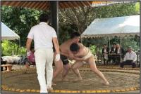 相撲場で相撲を取る男性と観客の画像