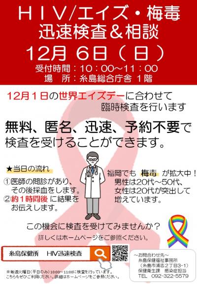 HIV・エイズ・梅毒迅速検査案内 12月6日(日)