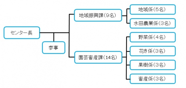 飯塚普及指導センターの活動体制です。センター長を筆頭に、参事が配置され、地域振興課９名、園芸畜産課１４名の２課体制で活動しています。地域振興課は、２係で地域係５名、水田農業係３名が配置され、園芸畜産課は、４係あり、野菜係４名、花き係３名、果樹係３名、畜産係３名の配置となっています。