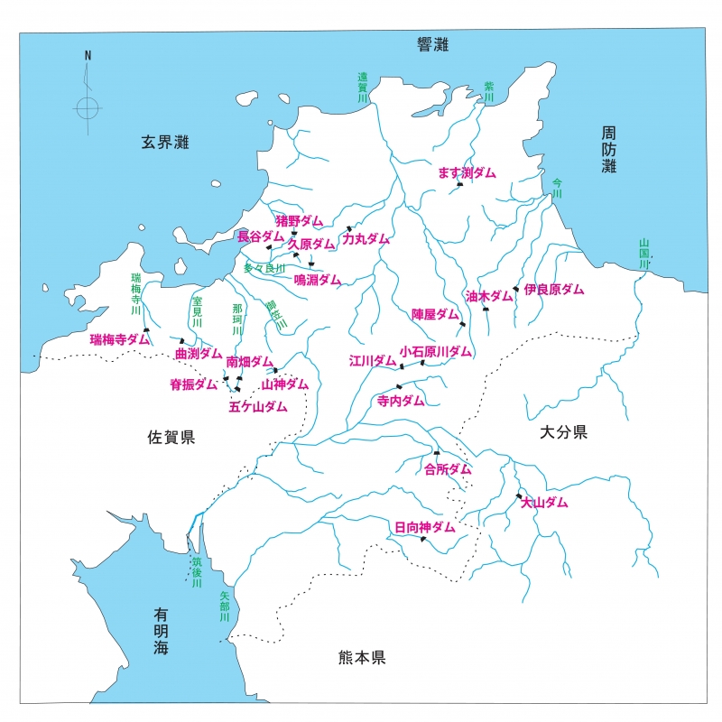 Carte de localisation des principaux barrages dans la préfecture de Fukuoka