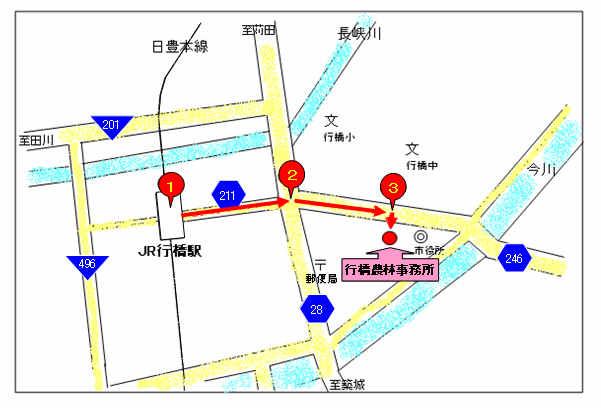 JR行橋駅から行橋農林事務所への地図