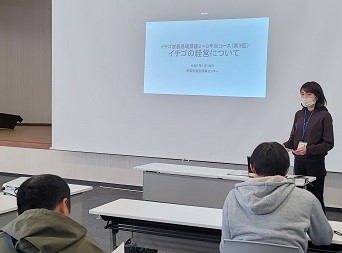 イチゴの経営について説明する普及指導員