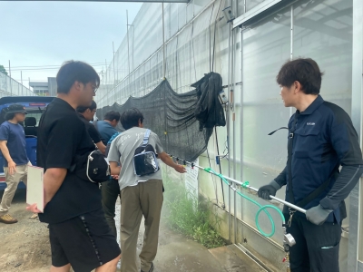 圃場にて霧の違いを確かめる生産者